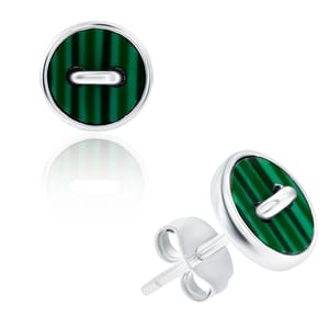 Circular stud earrings resembling dark green striped buttons with silver borders and posts.