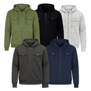 Five hooded jackets with front pockets, available in olive green, black, light gray, dark gray, and navy blue.