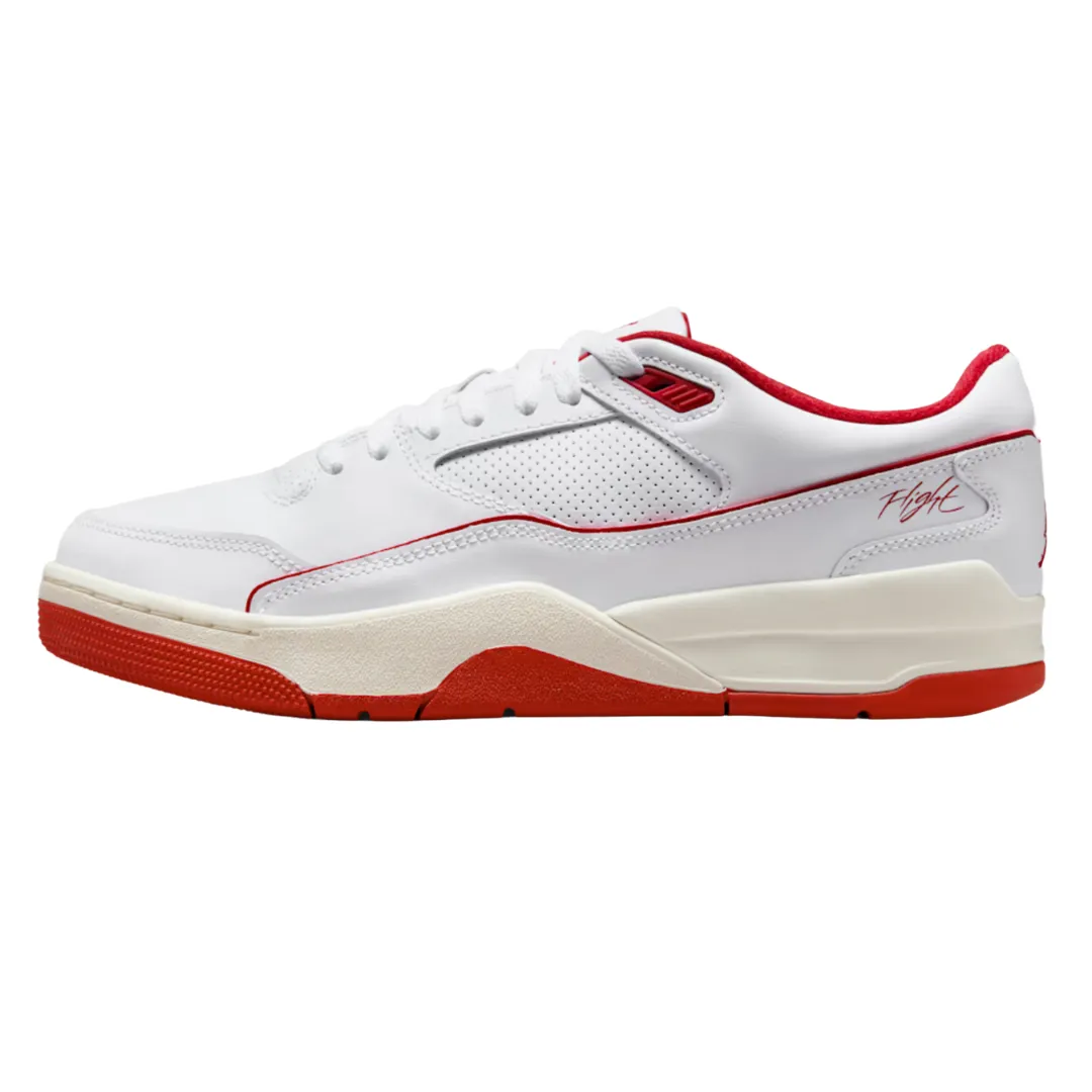 White and red low-top sneaker featuring a perforated design, padded collar, and \“Flight\“ branding on the side.