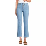 Light blue high-waisted jeans with button fly and slight flare at the hem, paired with brown slide sandals.