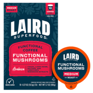 Laird Superfood 10ct Functional Mushroom Coffee K-Cups, medium roast, contain Arabica coffee with extracts of Chaga, Lion's Mane, Maitake, and Cordyceps mushrooms. Non-GMO and compatible with most single-serve brewers. Net weight: 3.7 oz (105g).