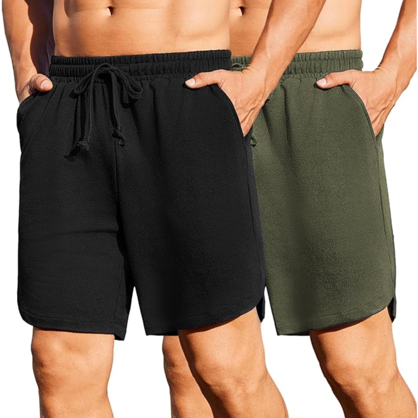 Two pairs of men's athletic shorts in black and olive green. Both have an elastic waistband with a drawstring and side pockets.