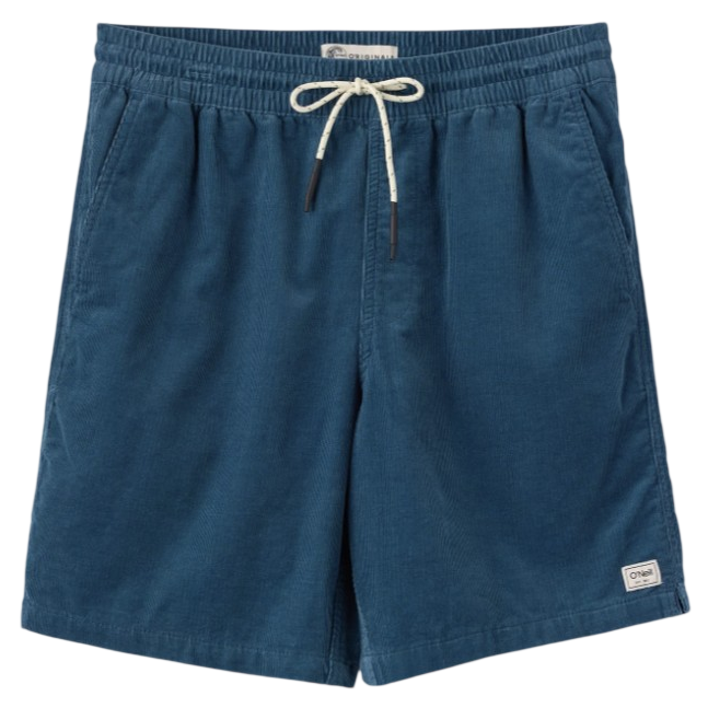 Blue drawstring shorts with an elastic waistband, featuring side pockets and a small logo patch at the hem.