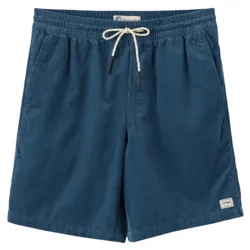 Blue drawstring shorts with an elastic waistband, featuring side pockets and a small logo patch at the hem.