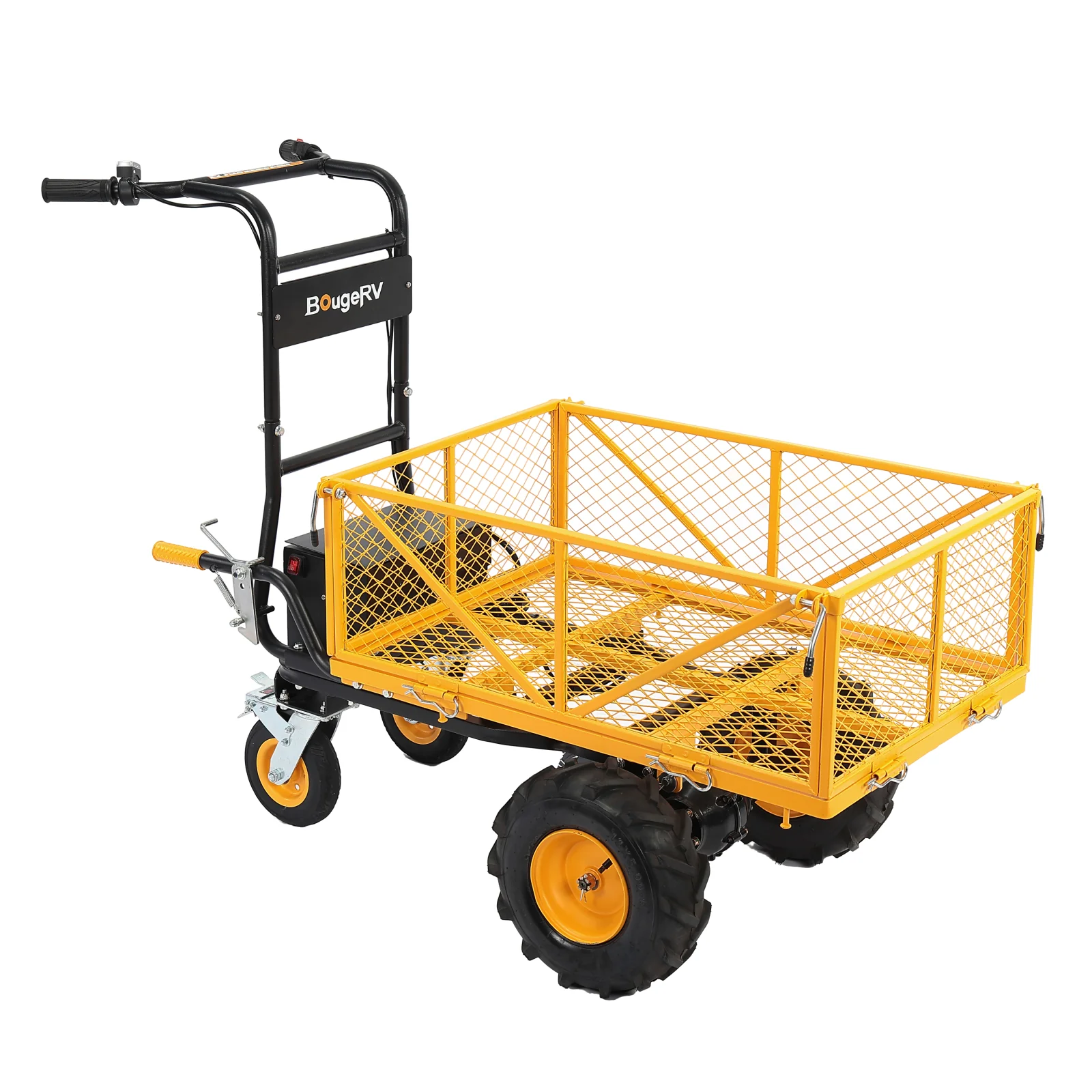 Electric garden cart with a mesh cargo area, black handles, and sturdy off-road wheels. The brand name on the handle is BougeRV.