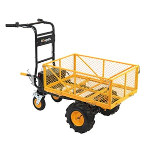Electric garden cart with a mesh cargo area, black handles, and sturdy off-road wheels. The brand name on the handle is BougeRV.