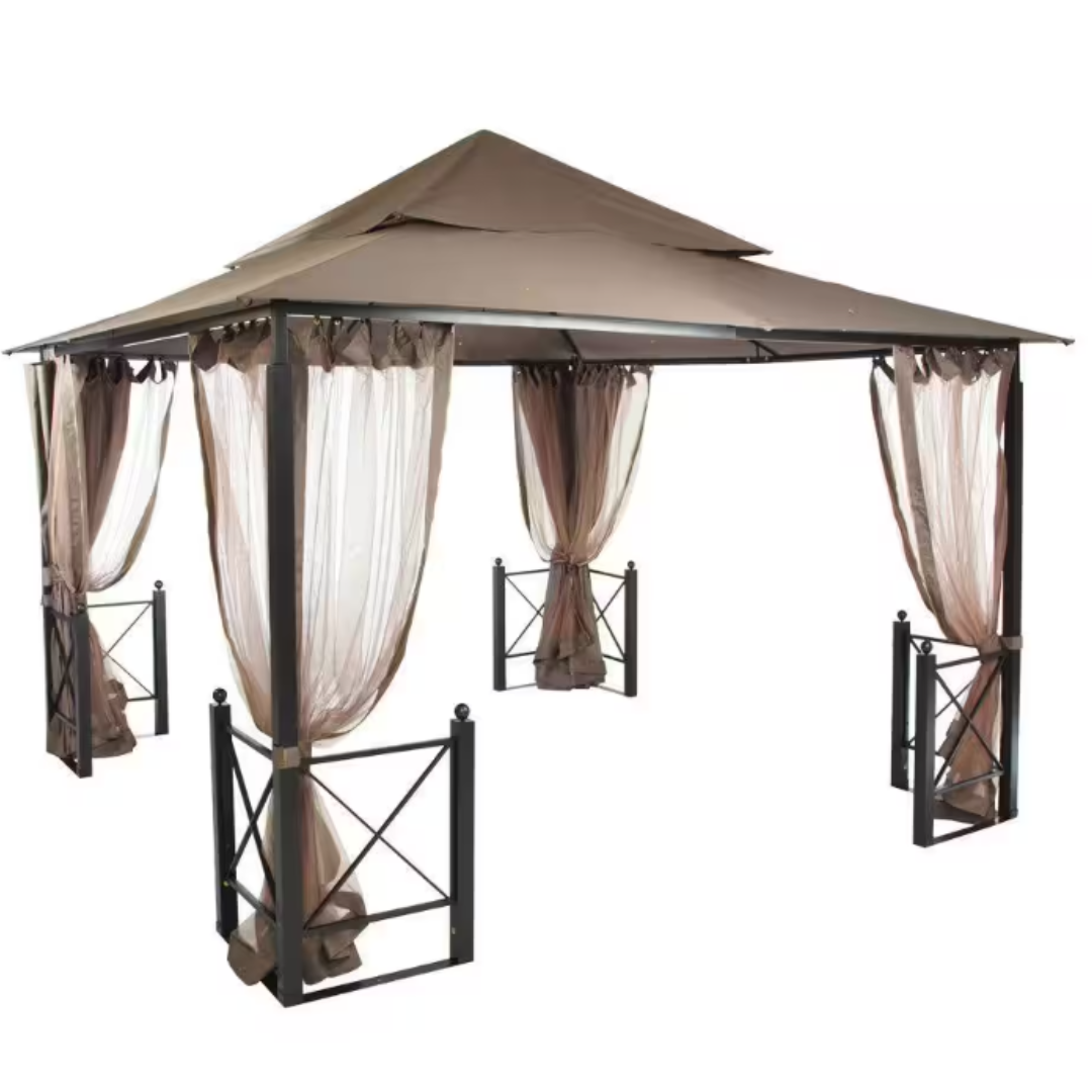 Hampton Bay 12' x 12' Gazebo features a brown canopy with sheer curtains attached to sturdy metal posts, creating a stylish outdoor shelter ideal for shade and privacy.