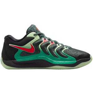 Nike tennis shoe featuring a green and black design with red accents and a distinctive Swoosh logo, offering a dynamic and sporty appearance.