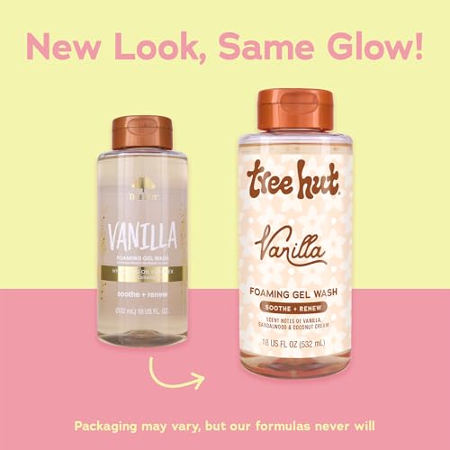 Tree Hut Vanilla Foaming Gel Wash with new packaging, featuring an 18 fl. oz. bottle. The formula remains unchanged and includes notes of vanilla, sandalwood, and coconut cream.