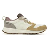 A low-cut sneaker with a combination of suede and fabric in beige, white, and taupe tones. The shoe features a textured sole and is branded with \“Merrell\“ on the heel.