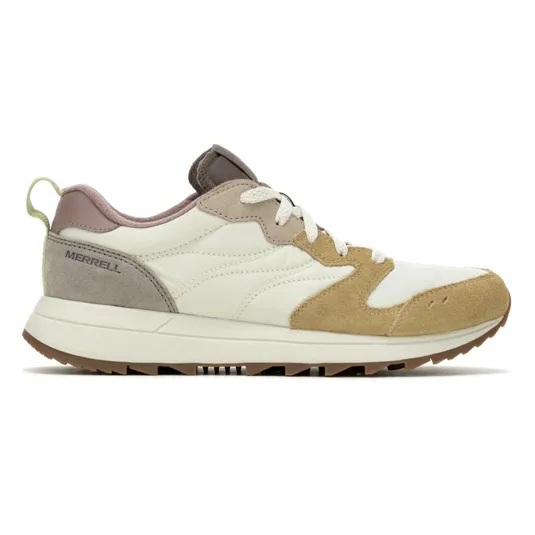 A low-cut sneaker with a combination of suede and fabric in beige, white, and taupe tones. The shoe features a textured sole and is branded with \“Merrell\“ on the heel.