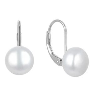 Silver leverback earrings with white pearl drops.