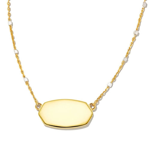 A gold necklace with an octagonal pendant featuring a delicate chain embellished with small white beads.