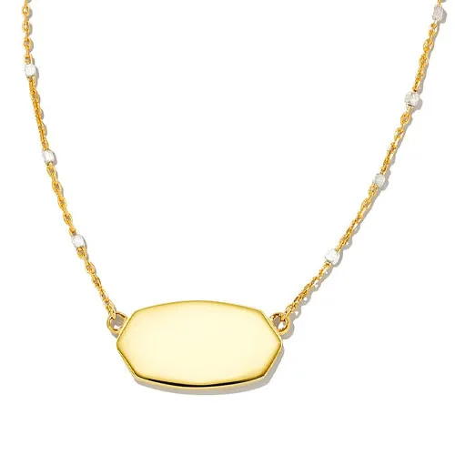 A gold necklace with an octagonal pendant featuring a delicate chain embellished with small white beads.