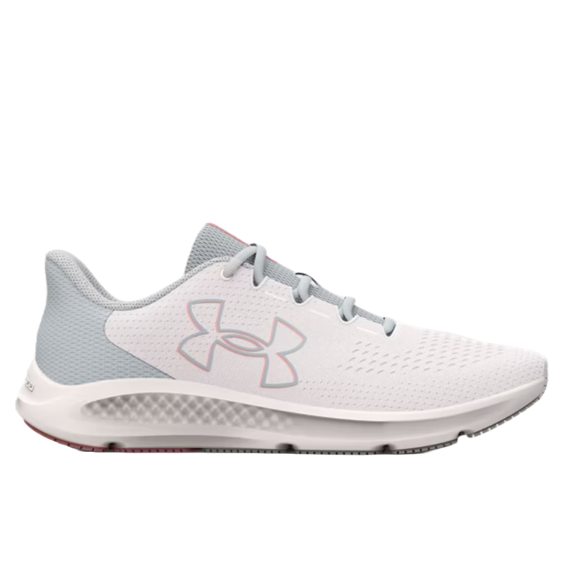 UA Charged Pursuit 3 Running Shoes feature a sleek design with a white upper, gray accents, and a cushioned sole. The shoe showcases the Under Armour logo on the side, providing a comfortable and supportive fit ideal for running.