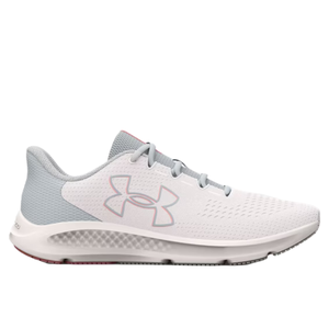 UA Charged Pursuit 3 Running Shoes feature a sleek design with a white upper, gray accents, and a cushioned sole. The shoe showcases the Under Armour logo on the side, providing a comfortable and supportive fit ideal for running.