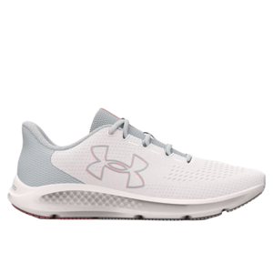 UA Charged Pursuit 3 Running Shoes feature a sleek design with a white upper, gray accents, and a cushioned sole. The shoe showcases the Under Armour logo on the side, providing a comfortable and supportive fit ideal for running.