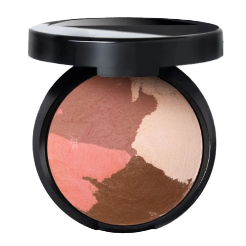 A multicolored makeup compact with a swirl of various shades, including pink, brown, and beige, designed for blending or contouring.