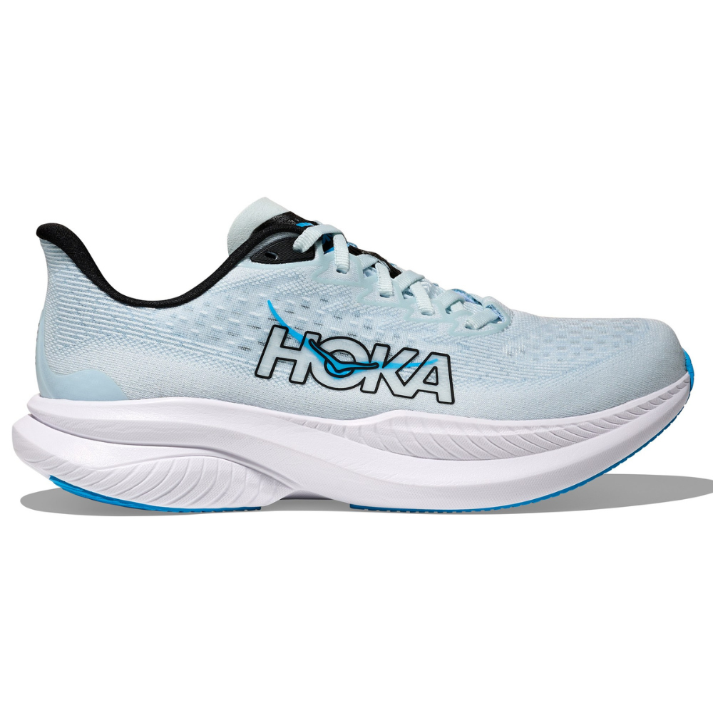 A light blue Hoka running shoe featuring a thick white sole with blue accents and the Hoka logo in black.