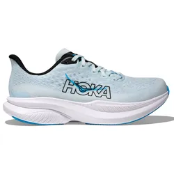 A light blue Hoka running shoe featuring a thick white sole with blue accents and the Hoka logo in black.