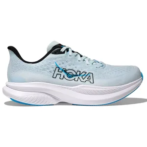 A light blue Hoka running shoe featuring a thick white sole with blue accents and the Hoka logo in black.