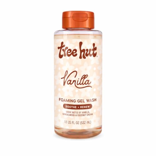 Tree Hut Vanilla Foaming Gel Wash, 18 fl oz (532 mL), features scent notes of vanilla, sandalwood, and coconut cream, labeled to soothe and renew.