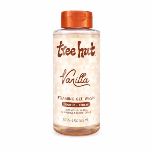 Tree Hut Vanilla Foaming Gel Wash, 18 fl oz (532 mL), features scent notes of vanilla, sandalwood, and coconut cream, labeled to soothe and renew.