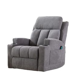 A grey recliner chair with plush cushioning, featuring built-in controls on the side for heating and massage functions.