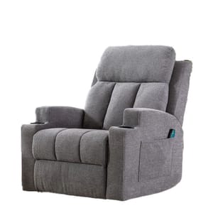 A grey recliner chair with plush cushioning, featuring built-in controls on the side for heating and massage functions.