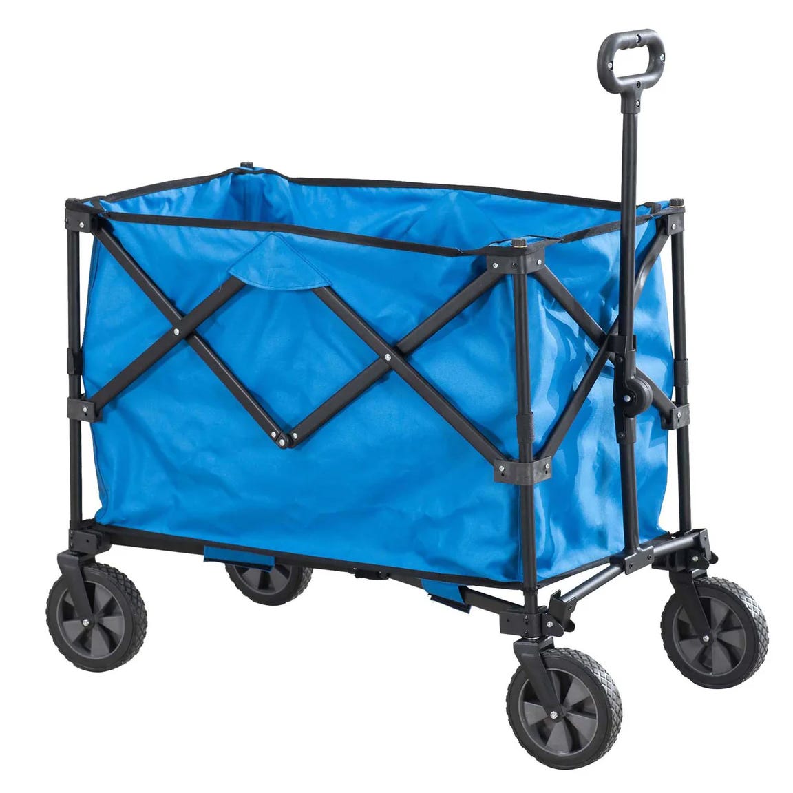 A blue folding utility wagon with a collapsible metal frame, four wheels, and an adjustable handle.
