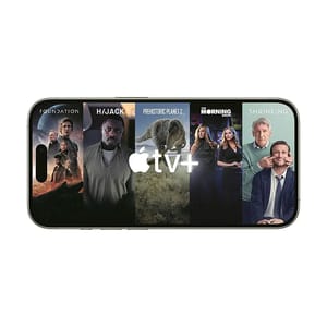 A smartphone screen displays Apple TV+ content, featuring posters for \“Foundation,\“ \“Hijack,\“ \“Prehistoric Planet 2,\“ \“The Morning Show,\“ and \“Shrinking.\“