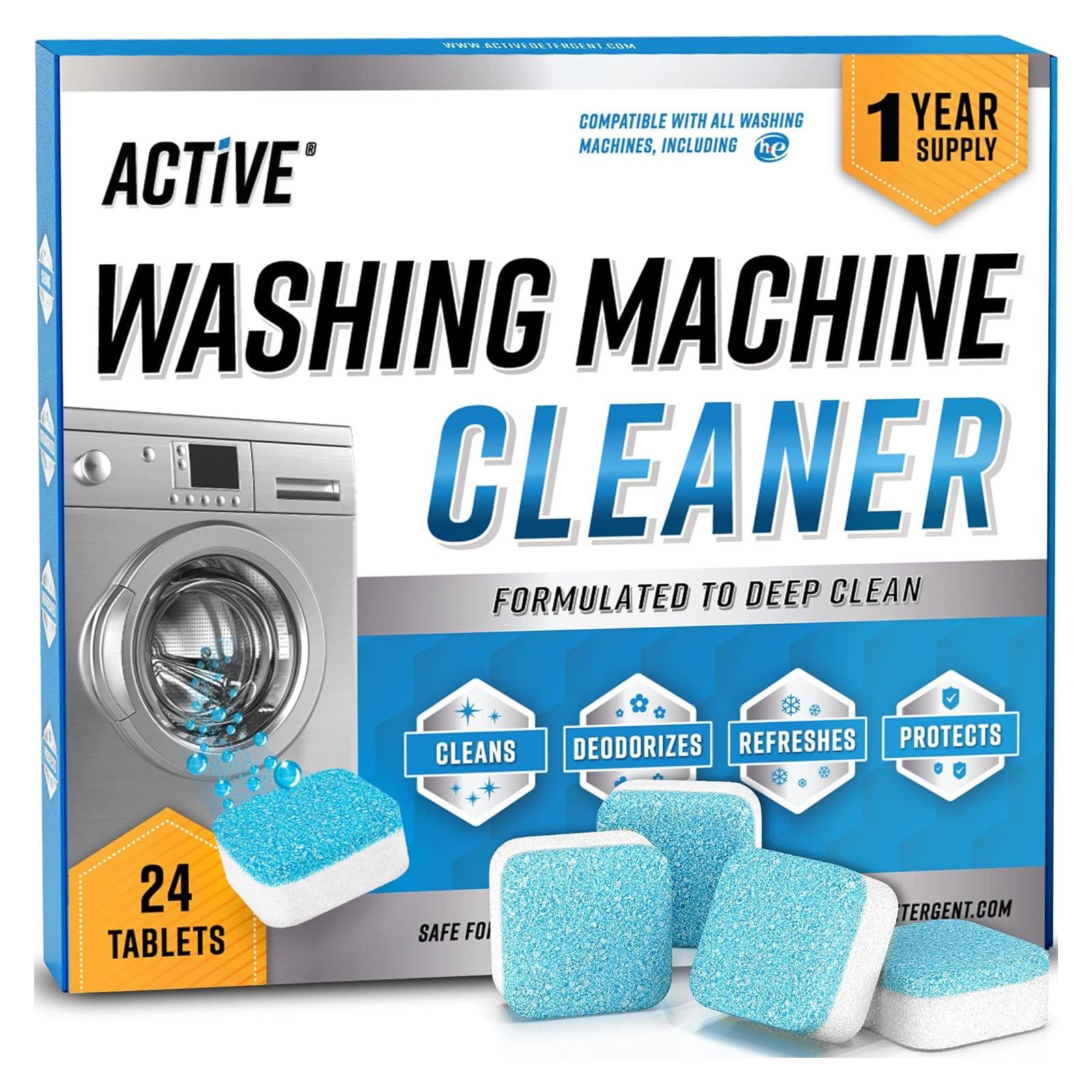 Active Washing Machine Cleaner includes 24 tablets designed to deep clean, deodorize, refresh, and protect washers. It is compatible with all machine types, including HE models, and offers a year's supply.