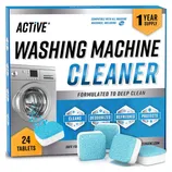 Active Washing Machine Cleaner includes 24 tablets designed to deep clean, deodorize, refresh, and protect washers. It is compatible with all machine types, including HE models, and offers a year's supply.