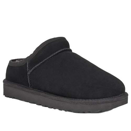 Black slip-on UGG Classic Slippers with a suede upper and a thick, flat rubber sole.
