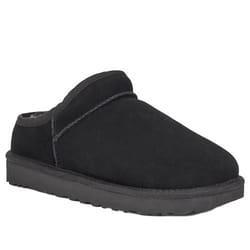 Black slip-on UGG Classic Slippers with a suede upper and a thick, flat rubber sole.