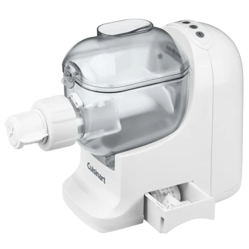 Electric pasta maker with a transparent mixing compartment, extrusion mechanism, and built-in storage drawer for accessories.