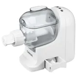 Electric pasta maker with a transparent mixing compartment, extrusion mechanism, and built-in storage drawer for accessories.