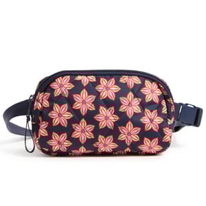A navy mini belt bag with adjustable strap, features a vibrant red and pink floral pattern resembling stars across its surface. It has a zippered main compartment for secure storage.