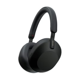 Refurbished Sony XM5 headphones, black, over-ear design with cushioned ear cups and headband, featuring touch controls and wireless connectivity.