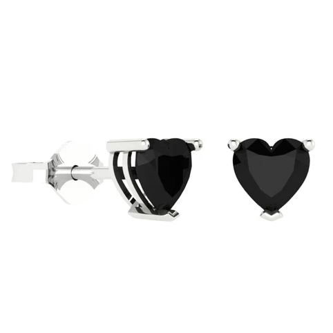 Heart-shaped black gemstone stud earrings with a metal prong setting.