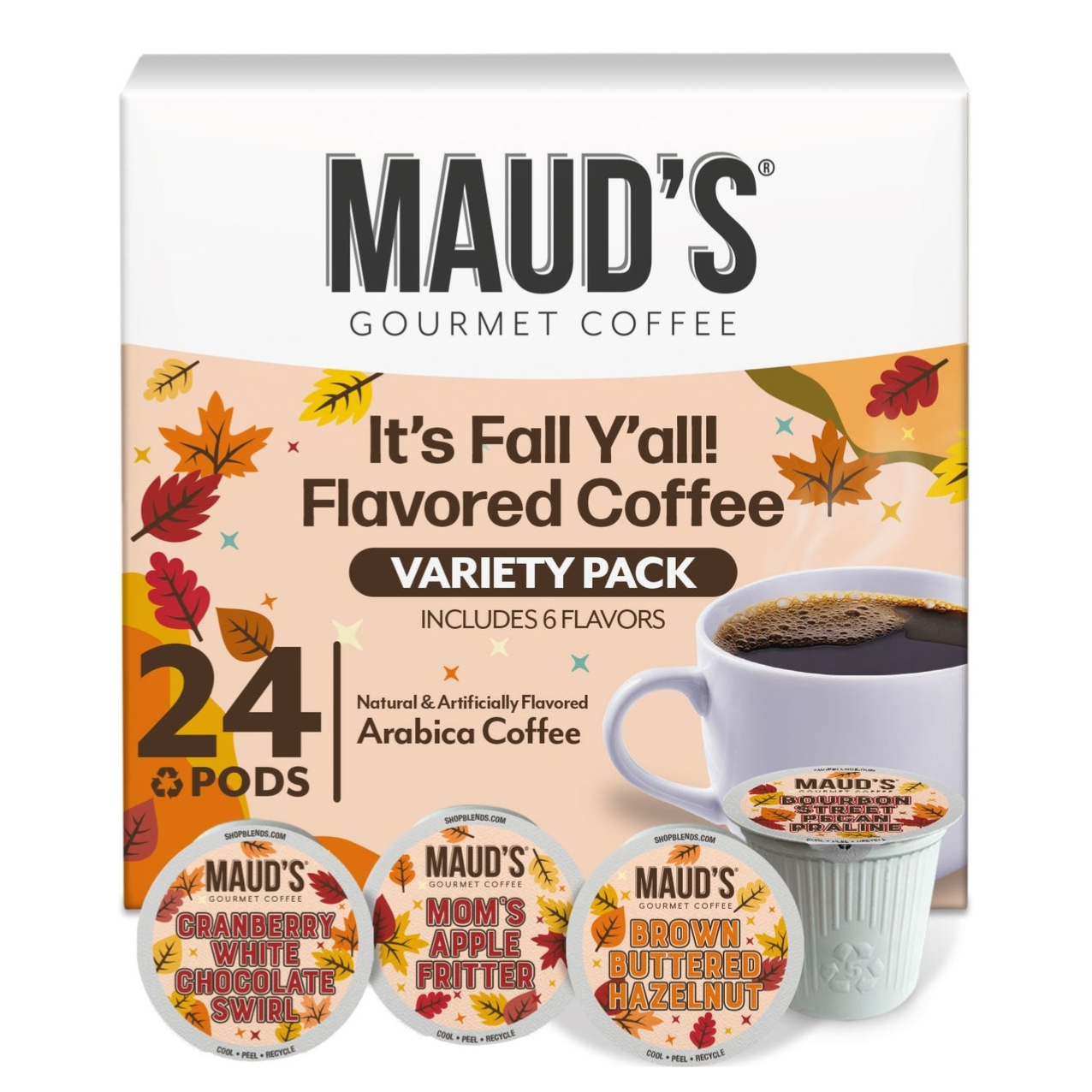 Maud's Gourmet Coffee \“It's Fall Y'all\“ Variety Pack features 24 coffee pods in six flavors, including Cranberry White Chocolate Swirl, Mom's Apple Fritter, and Brown Buttered Hazelnut. Made with natural and artificially flavored Arabica coffee.