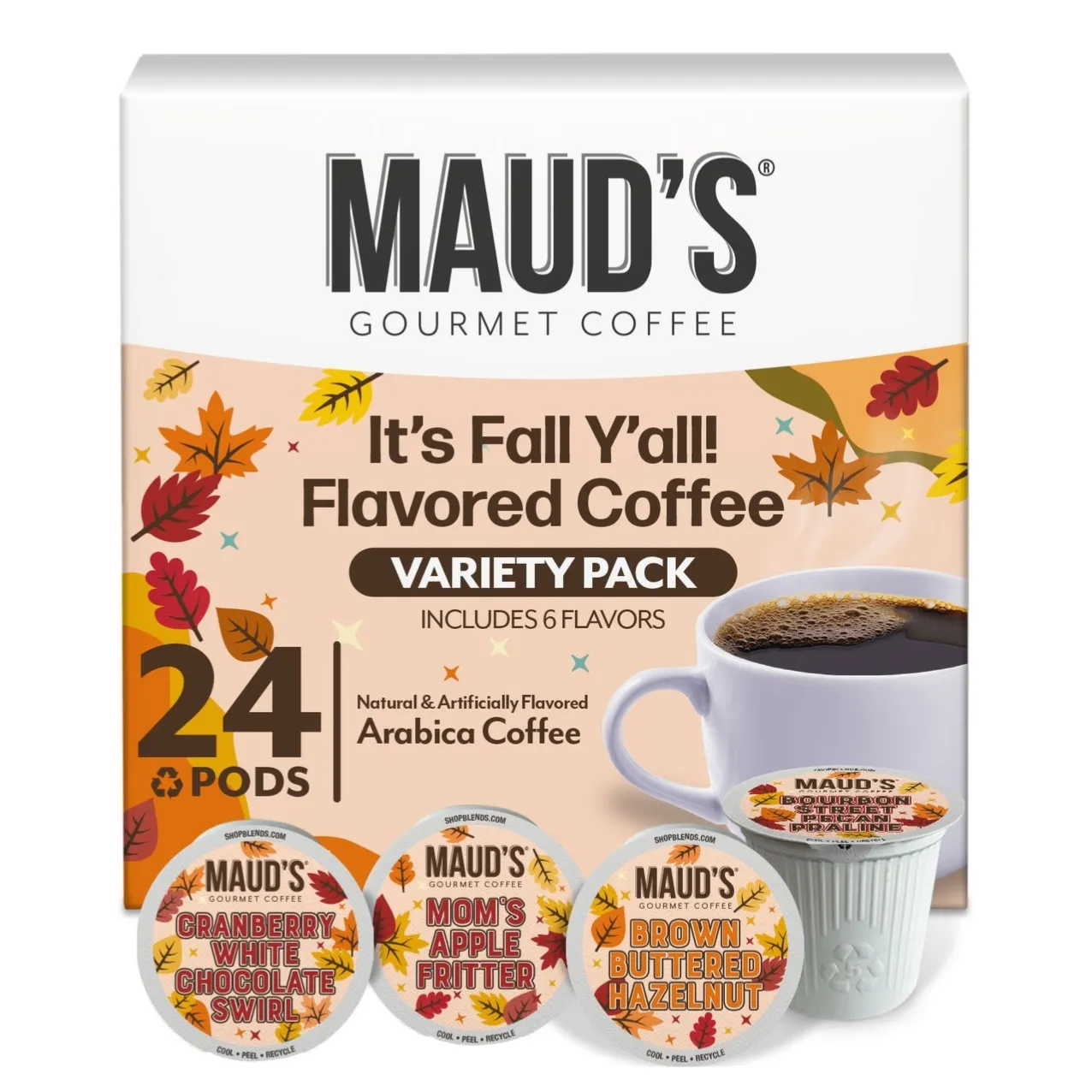 Maud's Gourmet Coffee \“It's Fall Y'all\“ Variety Pack features 24 coffee pods in six flavors, including Cranberry White Chocolate Swirl, Mom's Apple Fritter, and Brown Buttered Hazelnut. Made with natural and artificially flavored Arabica coffee.