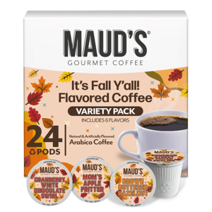Maud's Gourmet Coffee \“It's Fall Y'all\“ Variety Pack features 24 coffee pods in six flavors, including Cranberry White Chocolate Swirl, Mom's Apple Fritter, and Brown Buttered Hazelnut. Made with natural and artificially flavored Arabica coffee.