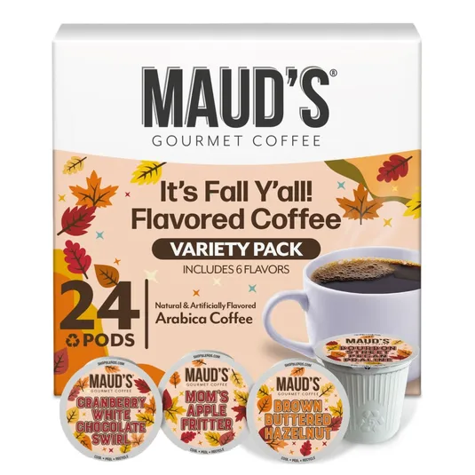 Maud's Gourmet Coffee \“It's Fall Y'all\“ Variety Pack features 24 coffee pods in six flavors, including Cranberry White Chocolate Swirl, Mom's Apple Fritter, and Brown Buttered Hazelnut. Made with natural and artificially flavored Arabica coffee.