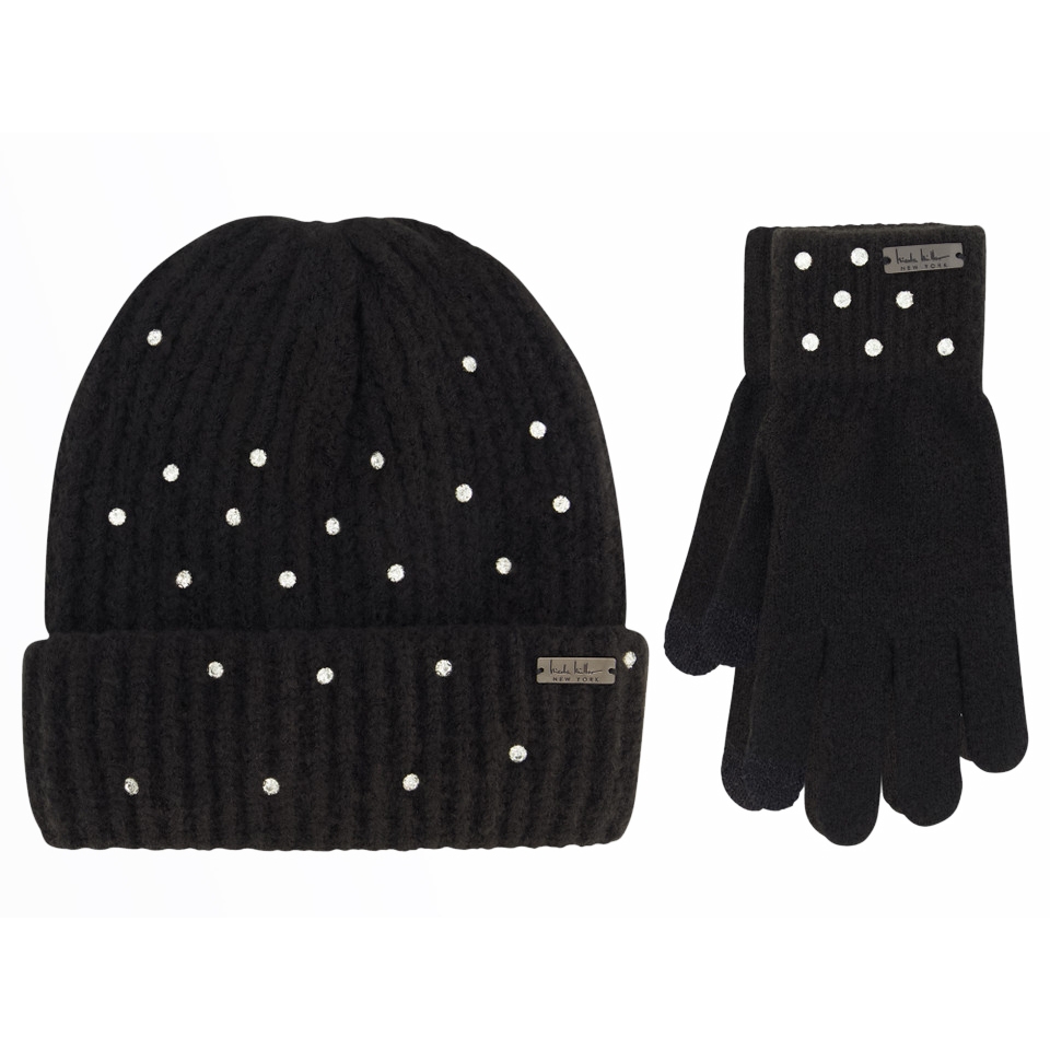 Black ribbed beanie and gloves set adorned with scattered small rhinestones, featuring a metallic logo tag on both items for a subtle shine and elegant style.