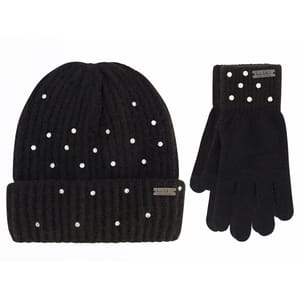 Black ribbed beanie and gloves set adorned with scattered small rhinestones, featuring a metallic logo tag on both items for a subtle shine and elegant style.