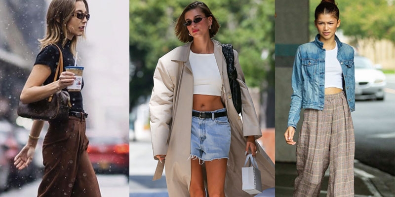 three candid photos of emma chamberlain, hailey bieber, and zendaya all sporting casual street style looks