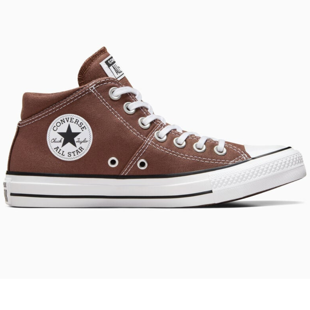 Brown canvas high-top sneakers with white laces, toe cap, and rubber sole, featuring the Converse All Star logo on the ankle patch.