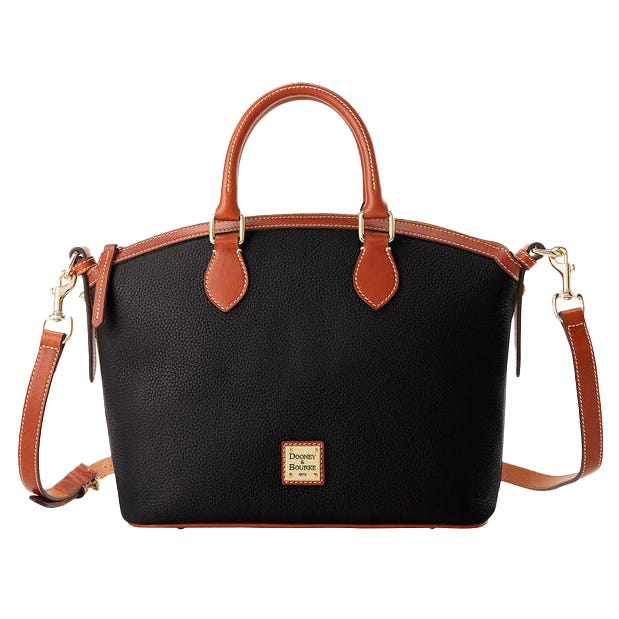 A black pebbled leather handbag with brown leather handles and trim, featuring a detachable strap and a metallic Dooney & Bourke logo on the front.