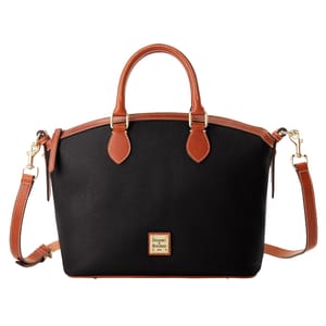 A black pebbled leather handbag with brown leather handles and trim, featuring a detachable strap and a metallic Dooney & Bourke logo on the front.